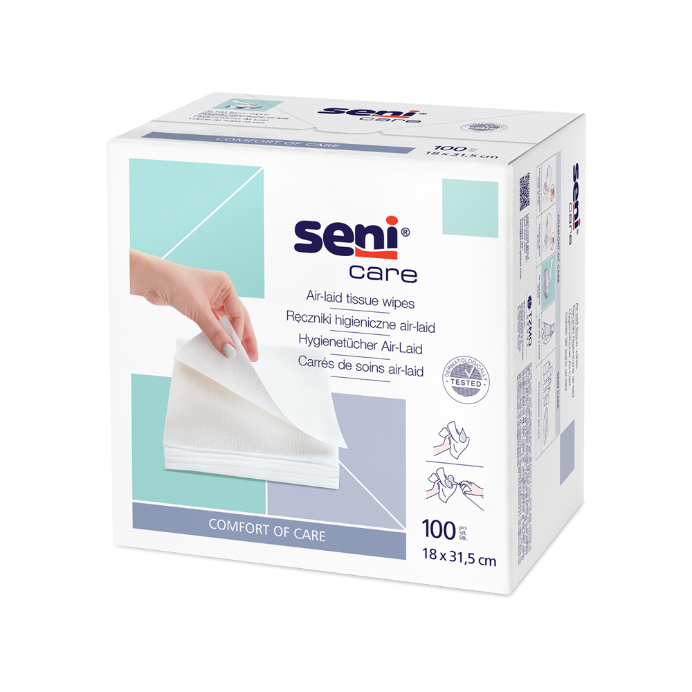 Bild der Verpackung der Seni Care Air-Laid Tücher